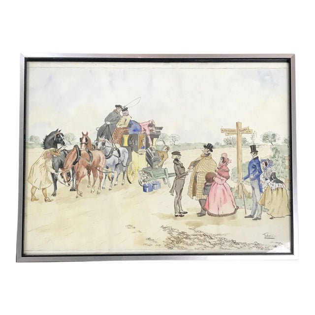 Late 19th Century Early Framed British Watercolor Stagecoach Scene Painting, Signed For Sale