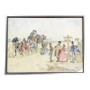 Late 19th Century Early Framed British Watercolor Stagecoach Scene Painting, Signed