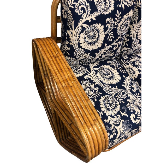 Restored MCM Six-Strand Double Triangle Pretzel Arm Tortoise Shell Rattan Settee For Sale - Image 4 of 6