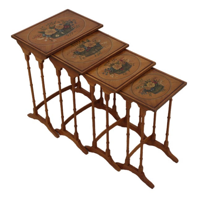 Set of 4 Adams Style Paint Decorated Satinwood Nesting Tables For Sale