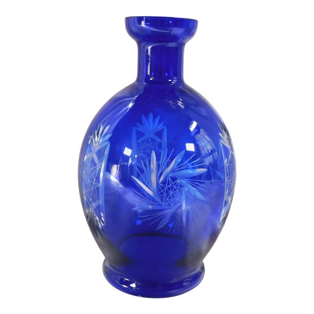 1960s Cobalt Cut to Clear Glass Vase For Sale