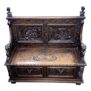 French Renaissance Revival Carved Oak Hall Monks Bench with Lion Masks, 1860s For Sale