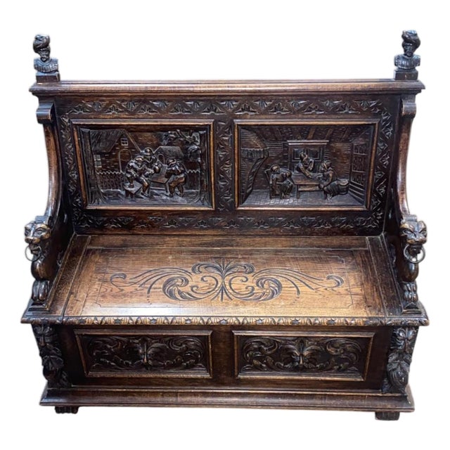 French Renaissance Revival Carved Oak Hall Monks Bench with Lion Masks, 1860s For Sale