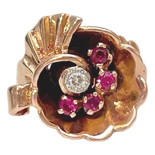 Retro Modern Spiral 14k Rose Gold Ruby & Diamond Ring 1940's Size 6.5 For Sale