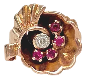 Retro Modern Spiral 14k Rose Gold Ruby & Diamond Ring 1940's Size 6.5