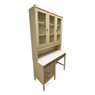 1970s Thomasville Faux Bamboo Desk and Chicken Wire Hutch Lights Up For Sale