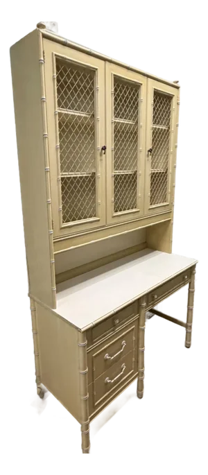1970s Thomasville Faux Bamboo Desk and Chicken Wire Hutch Lights Up