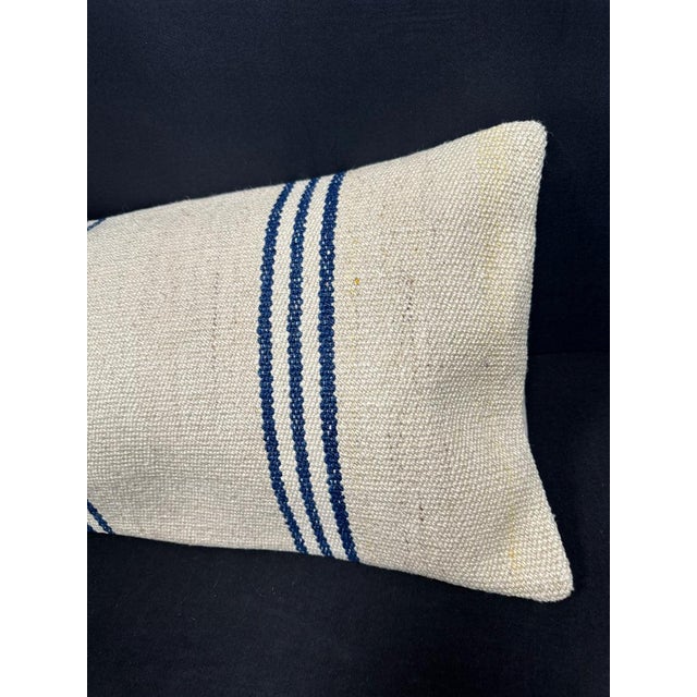Turkish Hemp Pillow Cushion Natural Beige Blue Cushion Cover 14x45 For Sale - Image 4 of 4