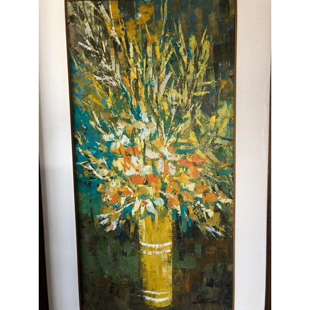 Large mid century oil on canvas painting of a floral arrangement. Fantastic use of color, very well executed. Signed lower...