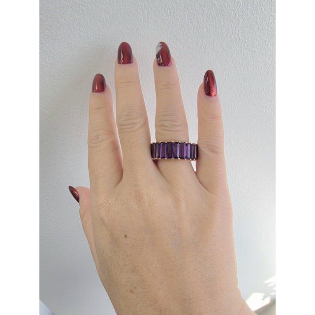 Purple 1990s Effy 14k Rose Gold 6 Carat Amethyst Elongated Baguette Cut Eternity Ring Band, Size 6.75 For Sale - Image 8 of 8