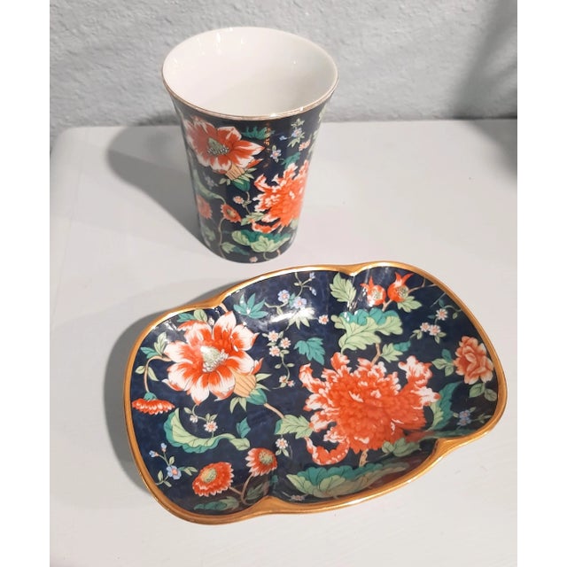 Irice Chinoserie Navy Orange Floral Soap Dish and Cup For Sale - Image 4 of 5