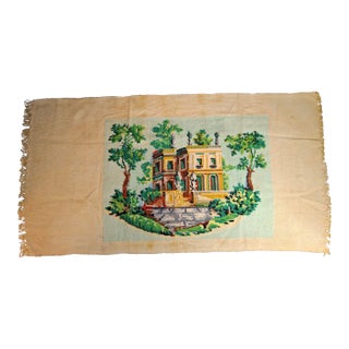Vintage Mid Century Cross Stitch Needlepoint European Villa Estate Textile Art For Sale