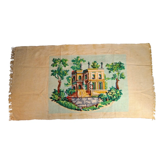 Vintage Mid Century Cross Stitch Needlepoint European Villa Estate Textile Art For Sale