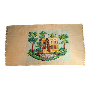Vintage Mid Century Cross Stitch Needlepoint European Villa Estate Textile Art