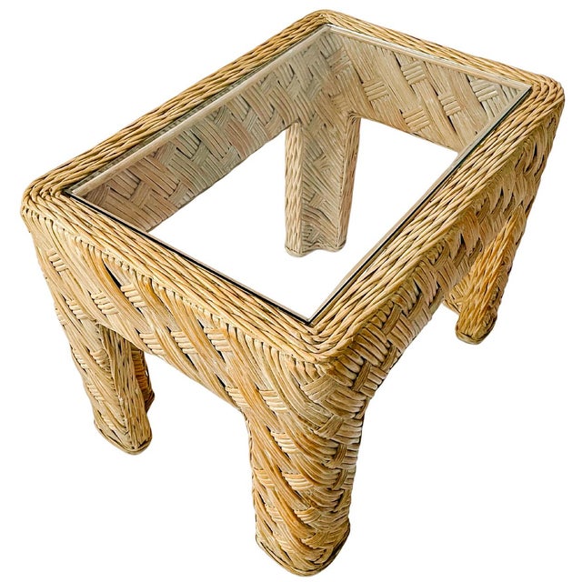 Contemporary 1980s Organic Modern Crosshatch Woven Rattan & Glass End Tables in the Style of Maitland-Smith – Pair For Sale - Image 3 of 12