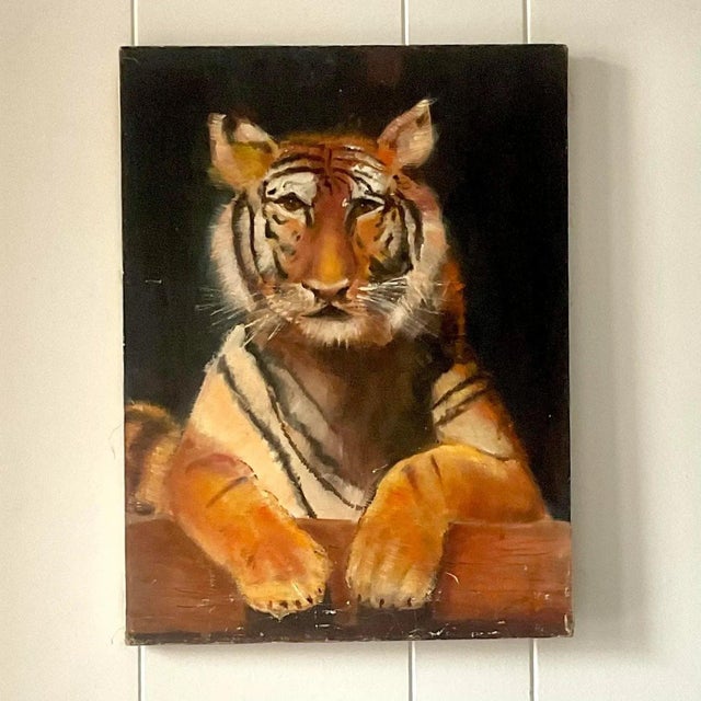 Textile Late 20th Century Vintage Painting of Regal Tiger on Canvas, Signed For Sale - Image 7 of 14