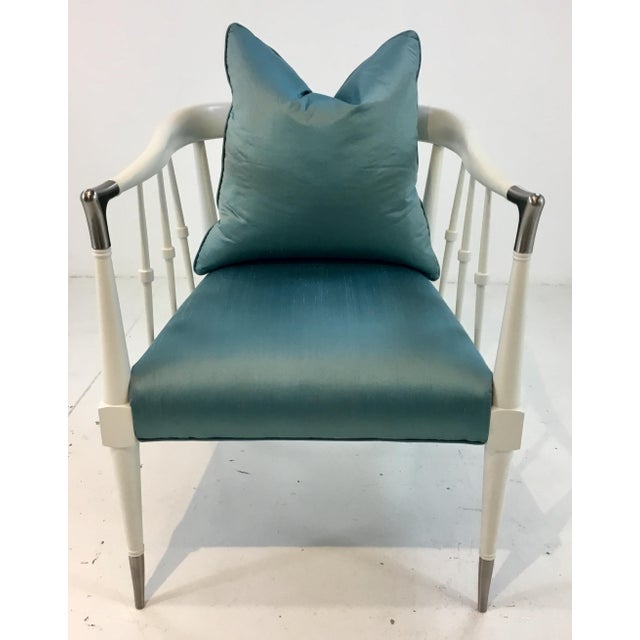 Chic modern Caracole blue silk Finesse chair, white wood frame with silver accents, showroom floor sample, original retail...