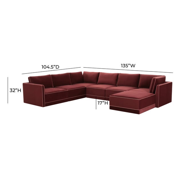 Willow Berry Red with Mauve Piping Modular 5-Piece Performance Velvet RAF Sectional For Sale In Los Angeles - Image 6 of 6