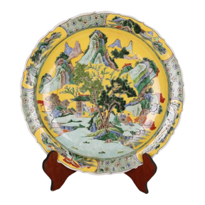 Chinese Vintage Plate,Qing Dynasty Kangxi Marked Yellow Ground Famille Rose Porcelain Plate Hand Painted Landscape and Figure Pattern