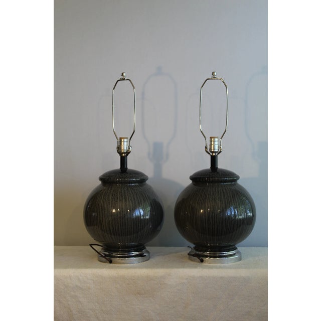 Black Tyndale Mid-Century Modern Pin Striped Table Lamps - a Pair For Sale - Image 8 of 8