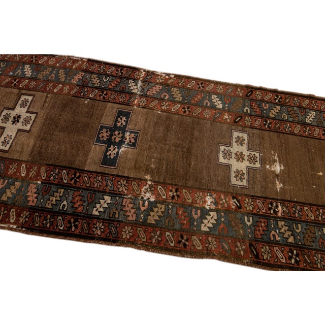 1920s Antique Serab Brown Handmade Distressed Wool Runner For Sale - Image 5 of 10