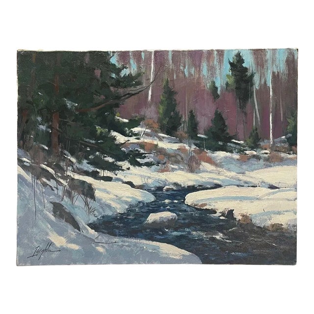 Original John Loughlin 'new England Winter Stream Forest Landscape Oil Painting For Sale