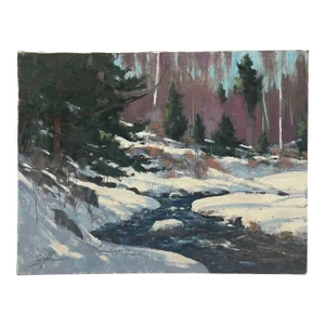 Original John Loughlin 'new England Winter Stream Forest Landscape Oil Painting