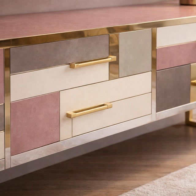 Brown Pink Murano Opaline Glass Sideboard with Brass Base from Justfurnituress SRL For Sale - Image 8 of 10