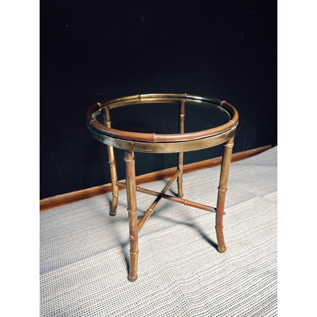 1970s Faux Bamboo Brass + Glass Petite Cocktail Table For Sale - Image 9 of 12