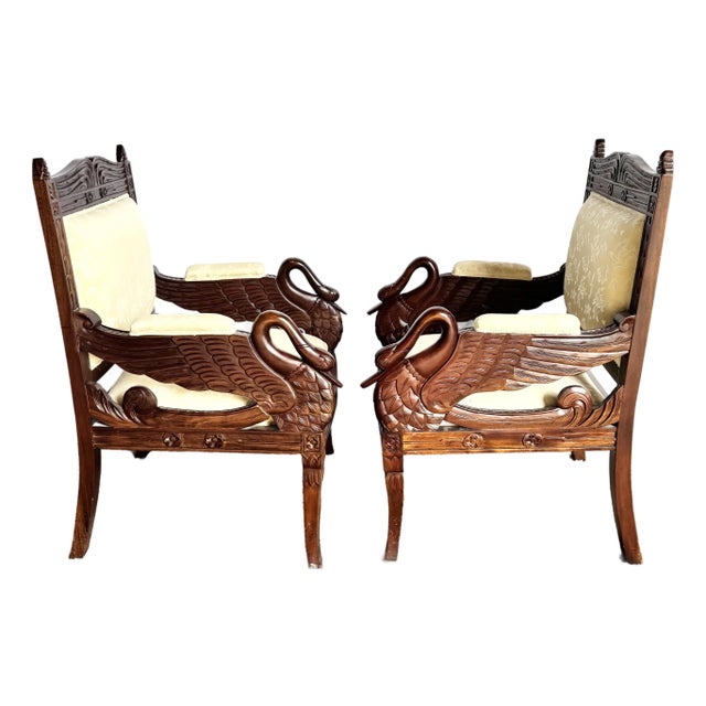 Vintage Carved Wooden Swan Arm Chairs - A Pair For Sale