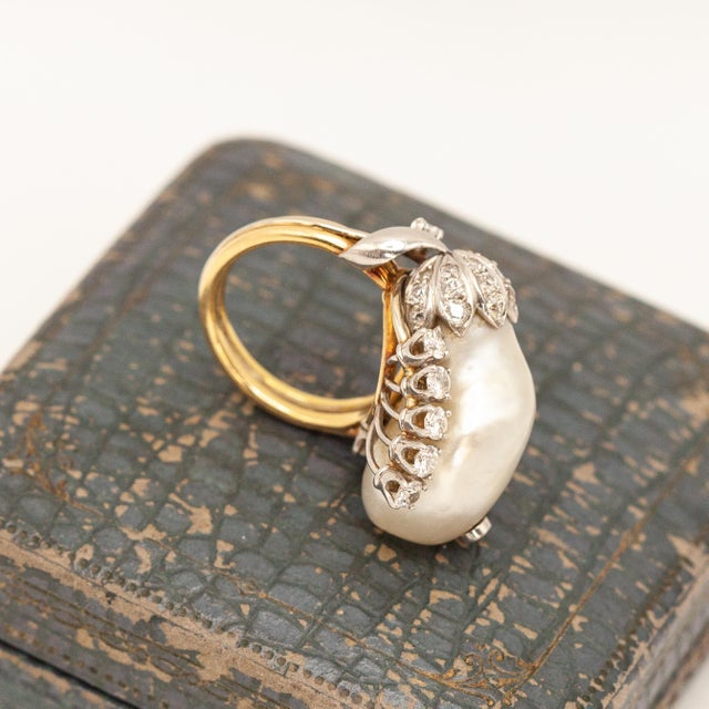 White Mid 20th Century 18k Yellow Gold and White Gold Gia Certified Natural Pearl Diamond Ring, Size 6.5 For Sale - Image 8 of 11