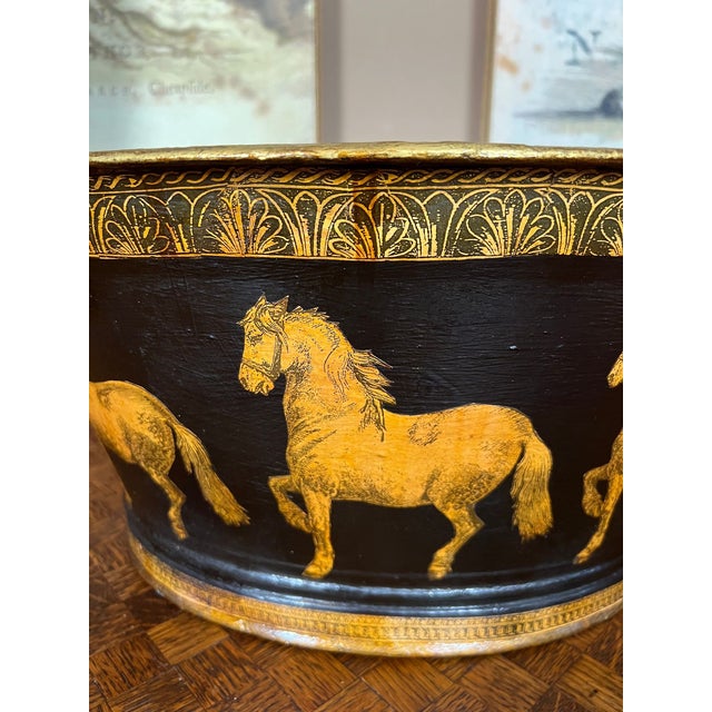 Antique English Planter Jardiniere Horse Equine Black Decoupage Tole Metal C1900 For Sale - Image 9 of 18