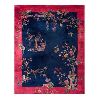 1920s Blue Navy Floral Modern Antique Chinese Art Deco Rug 9' 3"x11' 8" Hand Knotted Pile Wool Carpet For Sale