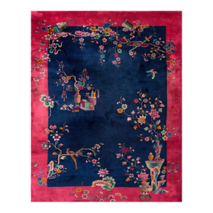 1920s Blue Navy Floral Modern Antique Chinese Art Deco Rug 9' 3"x11' 8" Hand Knotted Pile Wool Carpet