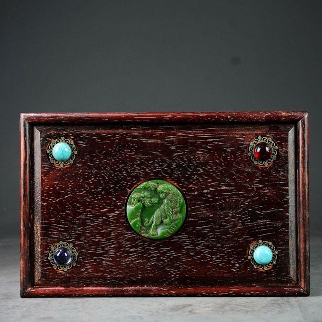 Wood Carved Rosewood Jewelry Box With Jade Medallion & Turquoise Inlay For Sale - Image 7 of 9