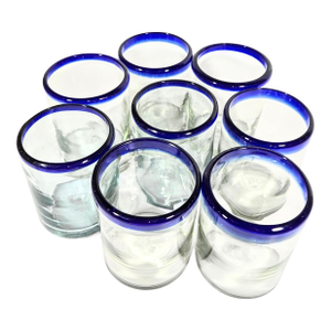 Hand Blown Cobalt Rimmed Lowball Glasses- Set of Eight