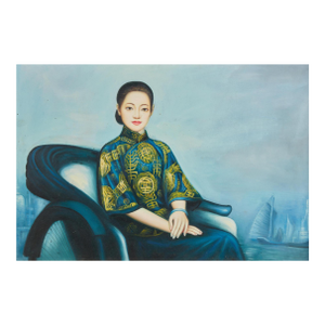 Oriental Portrait Oil Painting of a Woman Seated in a Rickshaw