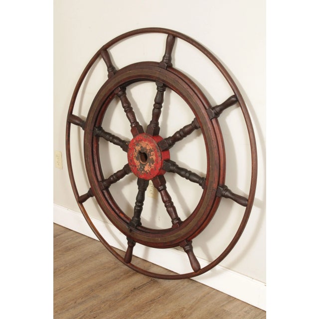Art Deco Antique Nautical 52 Inch Wooden Ships Wheel For Sale - Image 3 of 12