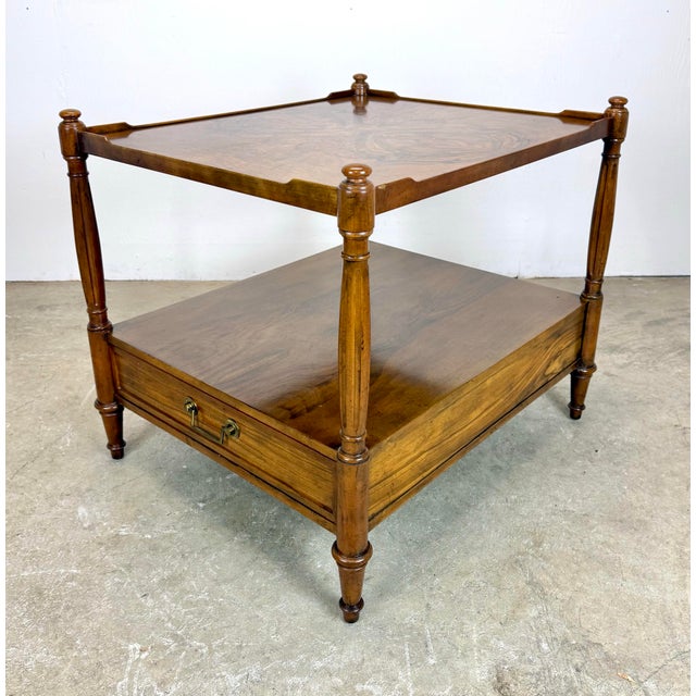 French Vintage Baker Furniture French Regency Louis XVI Style Burled Walnut Two-Tier Side Table For Sale - Image 3 of 12