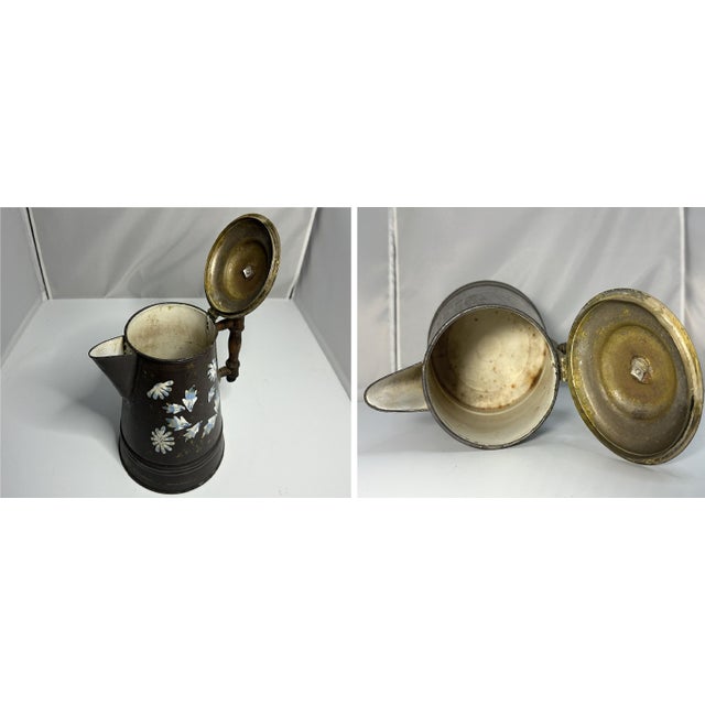 Brass Antique Floral Enamelware Coffee Pot: 19th Century French Shabby Chic Decor For Sale - Image 8 of 10