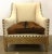 Stylish Organic Modern Tulsa Cowhide Club Chair, light textured wood frame, beige linen style upholstery, metal nailhead...