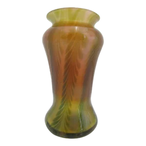 Bohemian Art Nouveau Style Art Glass Pulled Feather Iridescent 5 1/4" Vase