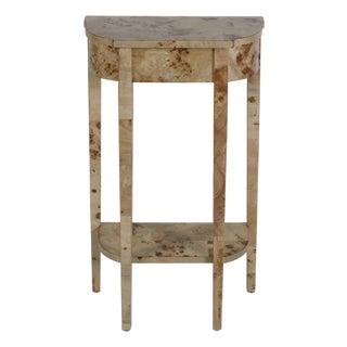 Wendell 17.5 in. W Demilune Wood Console Table with Lower Open Shelf, Light Burl For Sale