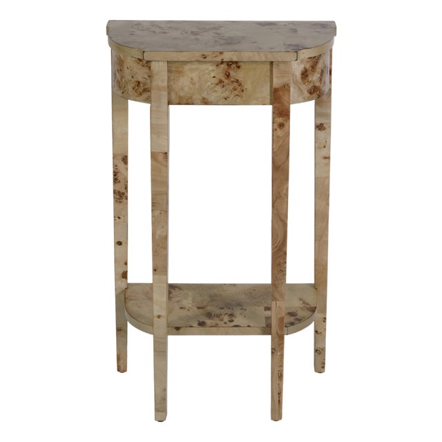 Wendell 17.5 in. W Demilune Wood Console Table with Lower Open Shelf, Light Burl For Sale
