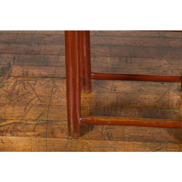Early 20th Century Chinese Rustic Early 20th Century Reddish Brown Lacquered Stool with Bamboo Seat For Sale - Image 5 of 13