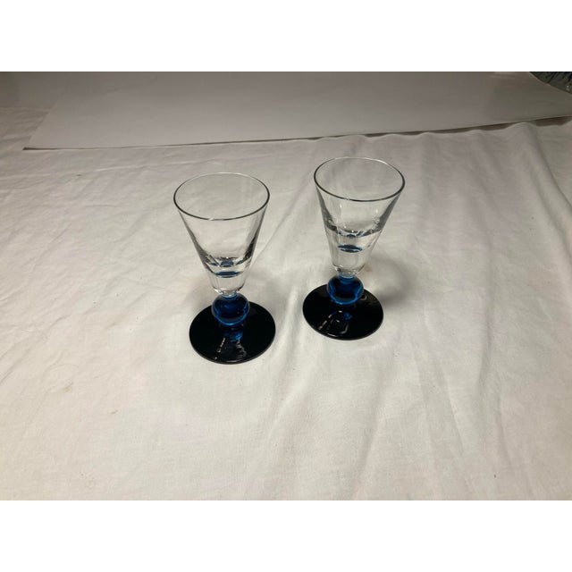 Pair of Vintage Fluted Cobalt & Clear Aperitif Cordial Glasses Ball Stems For Sale - Image 4 of 6
