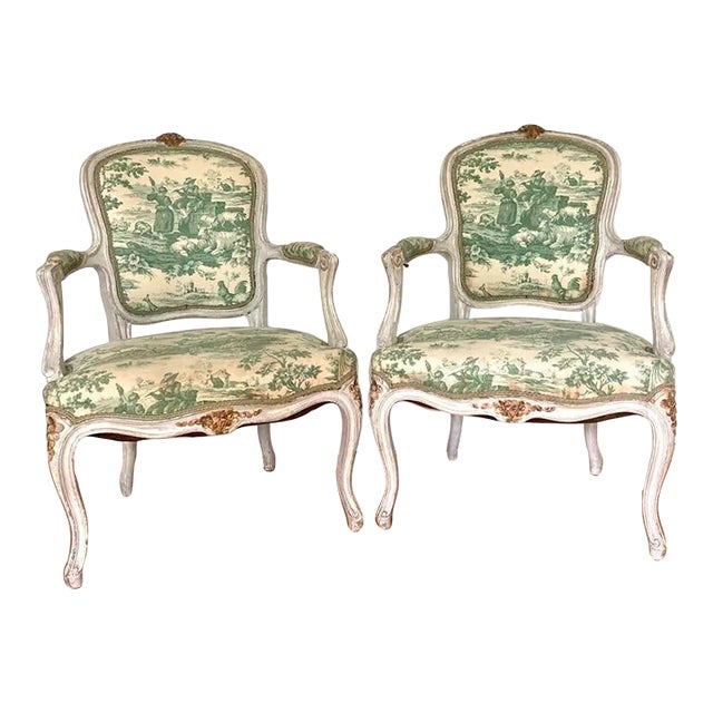 French Louis XV Style Armchairs With Teal Toile De Jouy- a Pair For Sale