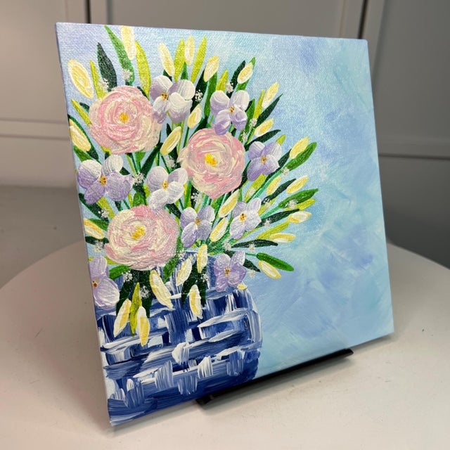 Contemporary Bouquet in Blue & White Vase Acrylic Painting Floral Wall Art 8"x8" Unframed For Sale - Image 3 of 7