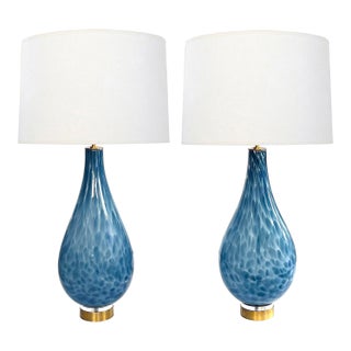 Pair of Hand-Blown Mottled Blue Art Glass Teardrop-Form Lamps For Sale