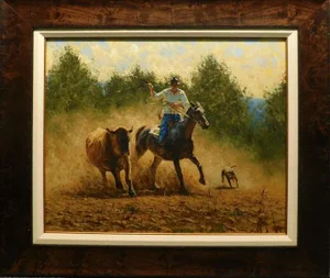 "Holding His Own II" Contemporary Figurative Western Scene Oil Painting by Graeme Hagan, Framed